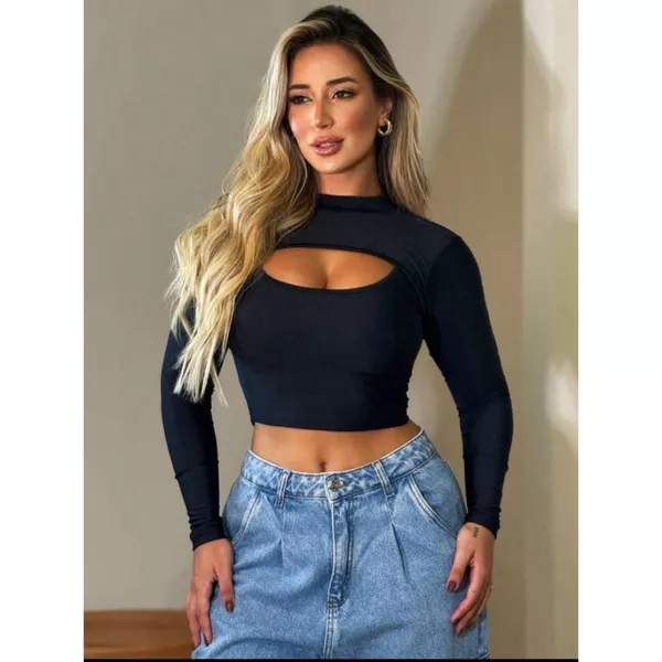 Blusa Cropped Feminino Manga Longa com decote no busto malha canelada gola alta Promoção
