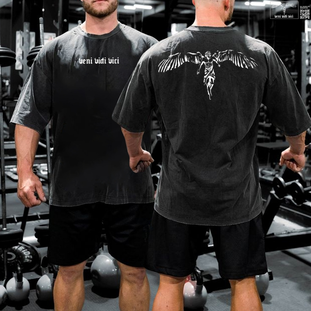 Camiseta Oversized  Academia Treino Masculina Anjo Veni Vidi Vici camiseta 100% Algodão