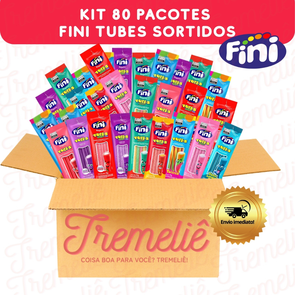 Balas Fini Tubes 80un Sortidos 15g doces e azedinhas — Kit Festa, Kit Aniversário, Lanche Escolar, Páscoa