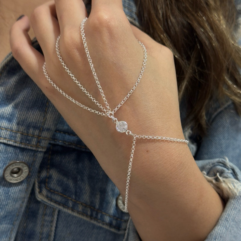 Pulseira de Mão Hand Chain Feminina 2 Dedos 2 Pedras Zircônia Semijoia Banhada Prata925