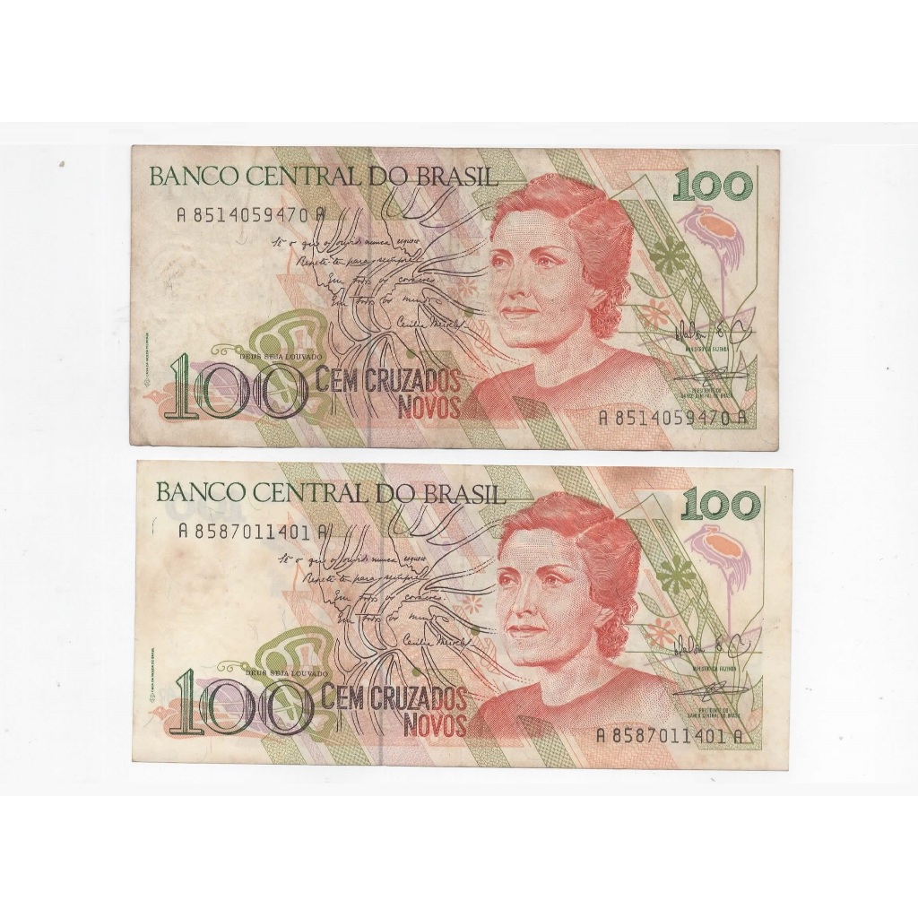 Duas cédulas de 100 Cruzados Novos do Banco Central do Brasil. Cecilia Meireles