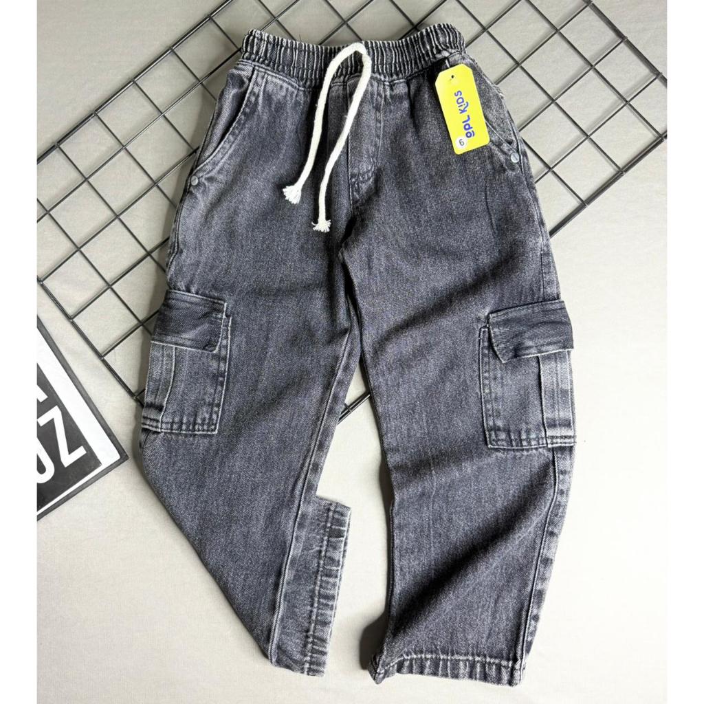 Calça Cargo Street Infantil Skatista Juvenil Jeans Preta Marmorizada Unissex Menino Menina