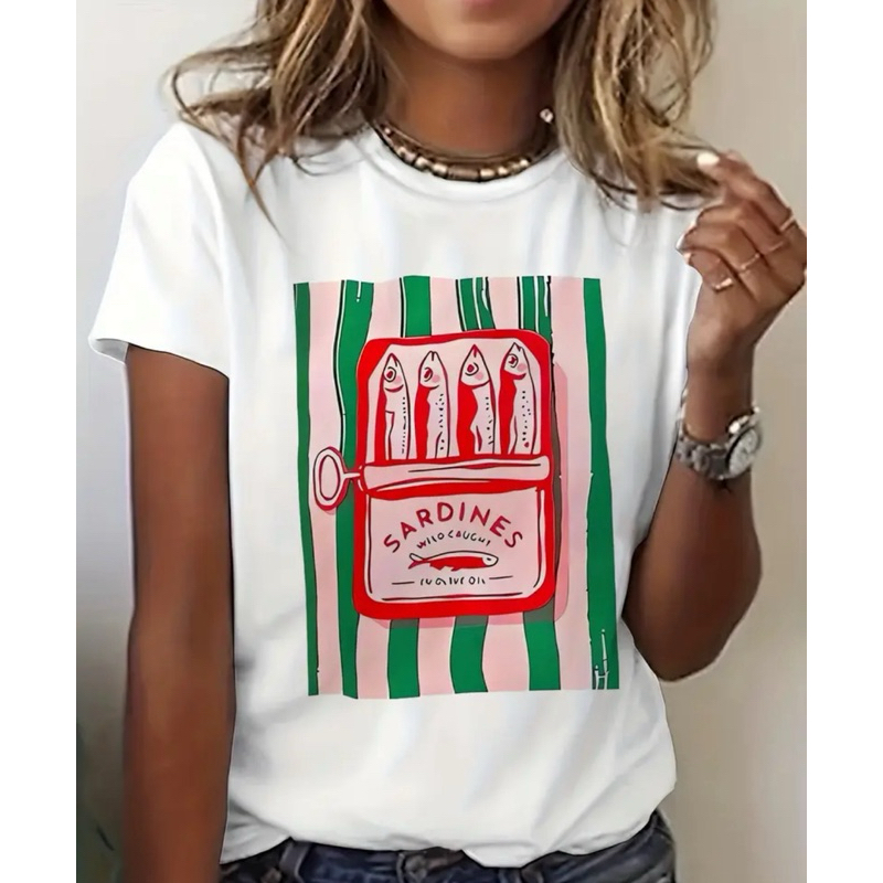 camiseta estampada retro sardinha branca manga curta verão algodão