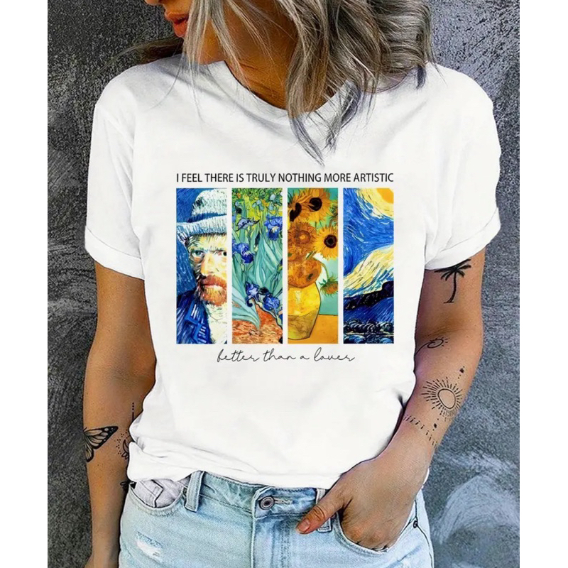 camiseta gola redonda feminina verão branca estampa pintura abstrata casual 100% algodão