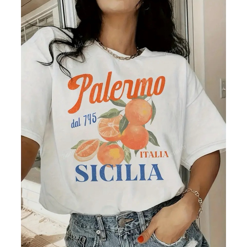 camiseta casual feminina vintage estampa Palermo 757 Itália Sicília verão