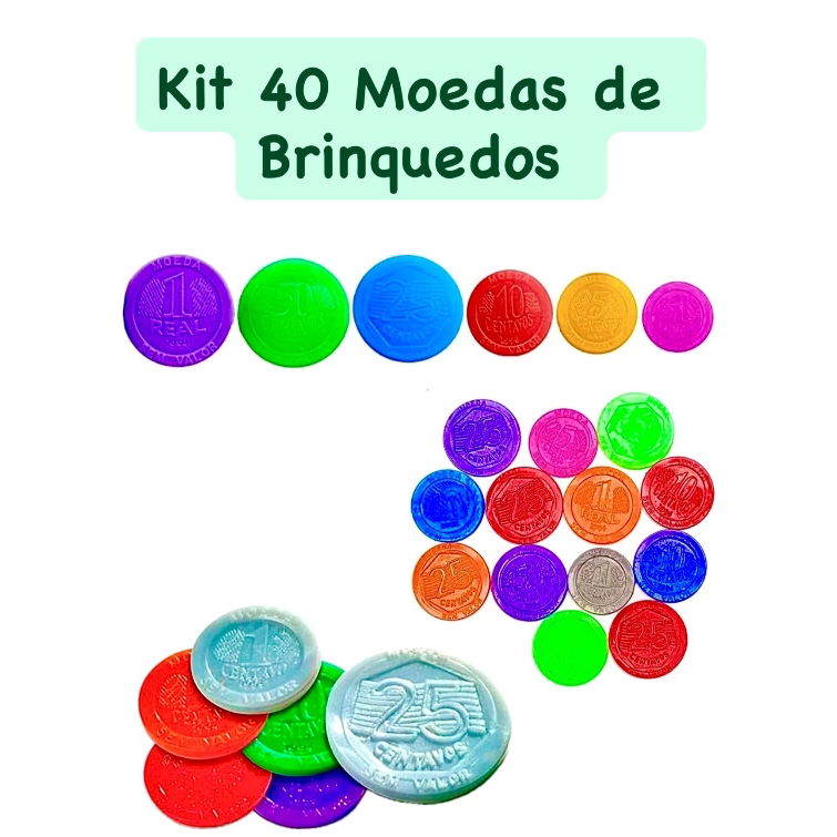 Kit 40 Moedas de Plástico Brinquedo Educativo Aprendizado Lembracinha Festa Infantil