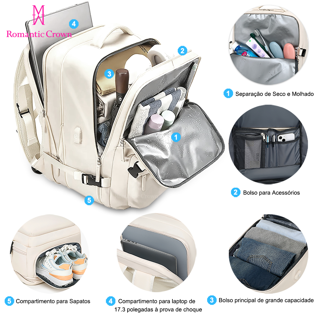 ROMANTIC CROWN Mochila De Viagem Feminina Multifuncional Impermeável Reforçada Expansível para Trilha Esportiva — imagem 2 de 2