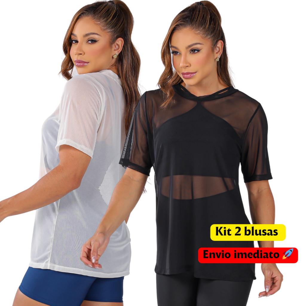 KIT 2 BLUSA DE TULE Feminina Moda Academia Transparente Fitness Tule Casual BLUSAO CROSSFIT CORRIDA em Oferta na Shopee