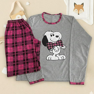 Pijama De Inverno Snoopy Fofo Malha Premium Longo Manga Comprida e Calça Feminino Adulto Estampado