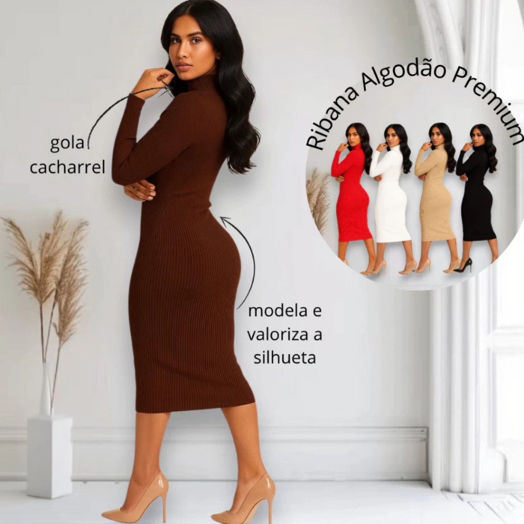 Vestido Midi Gola Inverno Manga Longa Comprida Canelado Longuete Evangelico Maternidade Casual Social Trabalho em Oferta na Shopee