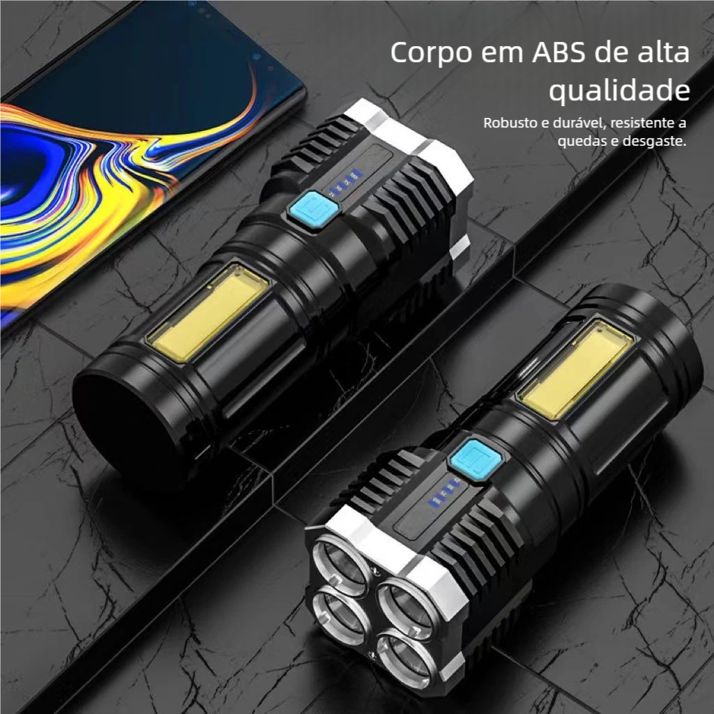 Lanterna LED Recarregável USB - 4 Núcleos Potente e Resistente à Água