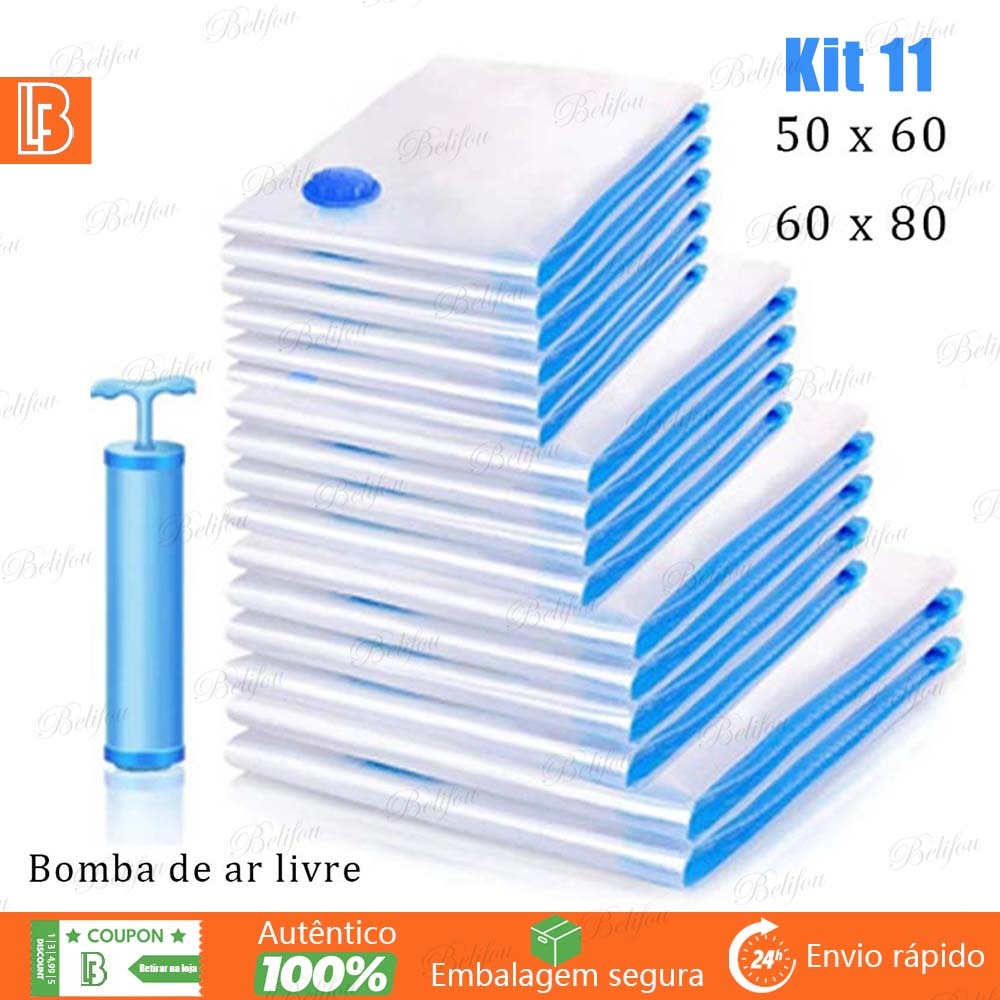 Kit 11 Saco A Vácuo Grande 60x80 50x60 Organizador Edredom Coberto Mala Roupa De Cama + Bomba a Vacuo Tamanho Grande