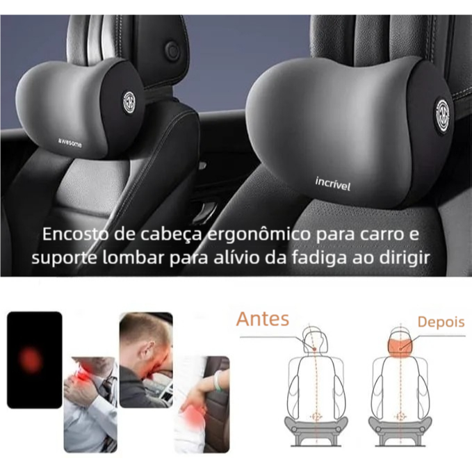 Conjunto Apoio Veicular – Almofada Cabeça/Lombar Carro, Espuma de Memória