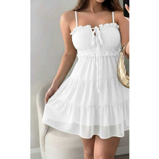Vestido Curto Chiffon Feminino Rodado Babado Com Forro Alça Fina Laço Delicado Moda Verão Elegante em Oferta na Shopee
