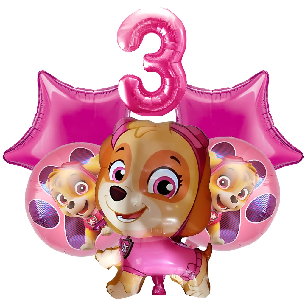 Kit 6 Balão Metalizado Skye Patrulha Canina Corpo Estrela Número 3 Rosa