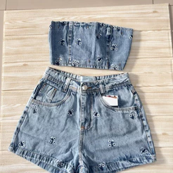feminina conjunto jeans top short3015