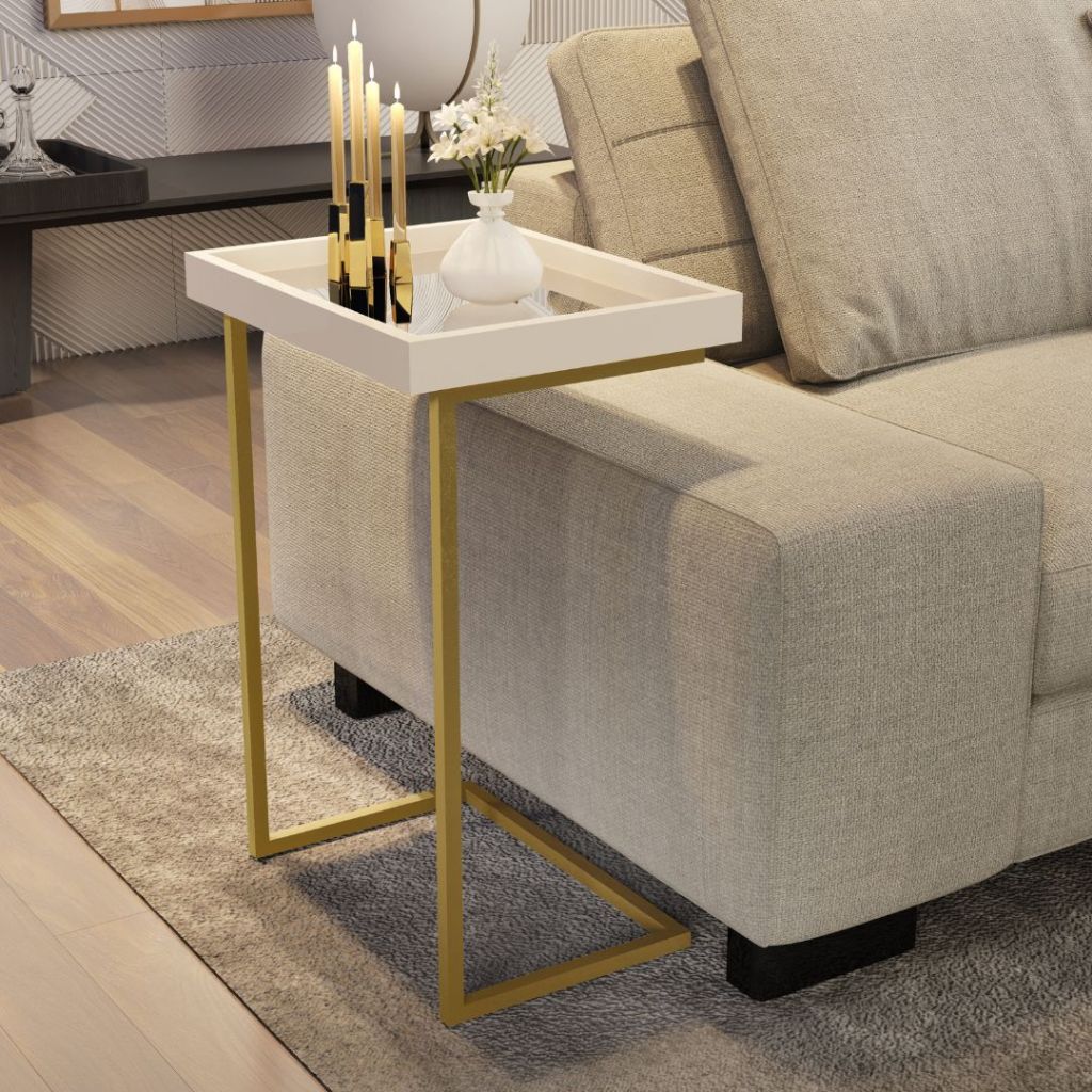 Mesa Encaixe De Sofá Industrial Com Espelho Base em Metal