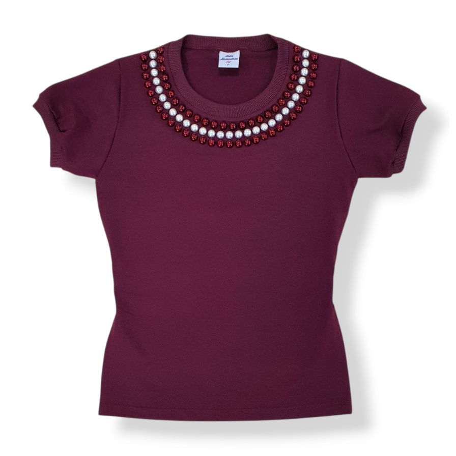 Blusinha Feminina Bordada Pedraria Pérolas Viscolycra Moda Verão T-shirt Camiseta Blusa