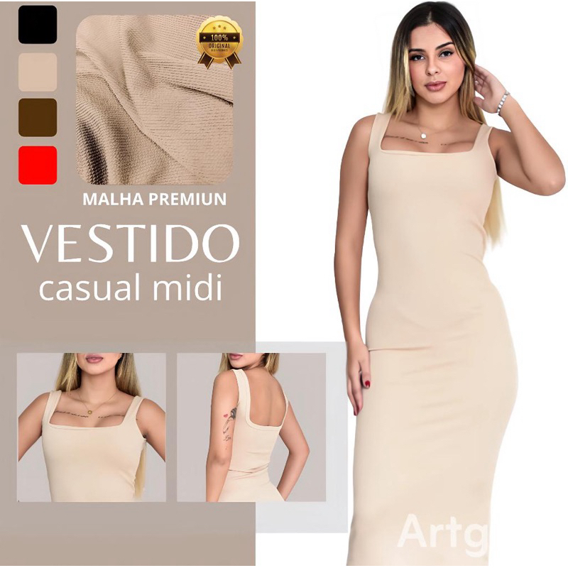 Vestido Midi Canelado tendencia Justo Feminino com Alças Largas e Decote Quadrado Confortável e Estiloso moda blogueira