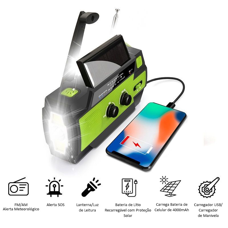 Rádio De Emergência Multifuncional Manivela Solar De 4000mAh Lâmpada De Leitura E SOS Para
