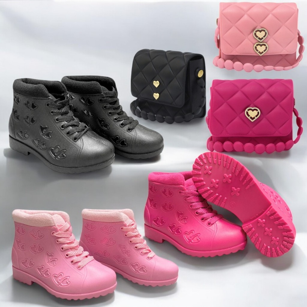 Conjunto Infantil Bota + Bolsinha Coração Feminino | Material Confortável E Impermeável .