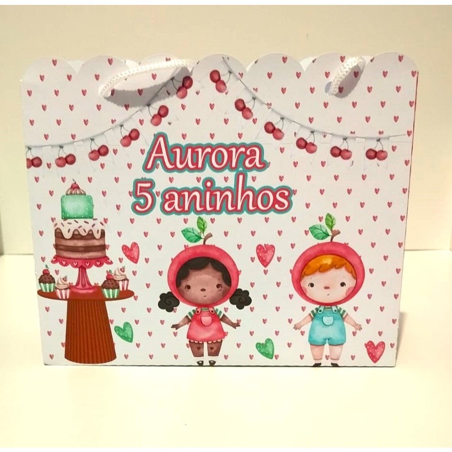 Sacolinhas personalizadas tema cerejinha lembrancinha para festa infantil (PEGUE E MONTE)