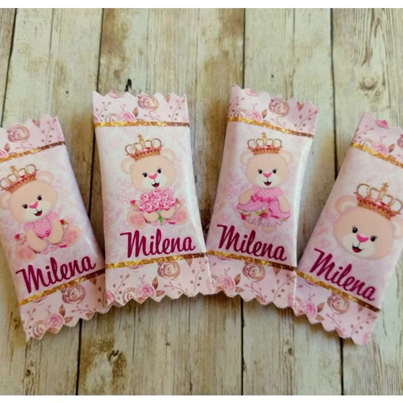 50 balas personalizadas para festa infantil Lembrancinhas - Ursinha Princesa (Personalizamos com o nome e a idade