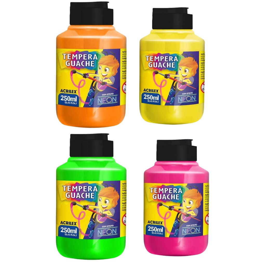 Tinta Colorida Tempera Guache Neon 250 ml - Acrilex | Lavável