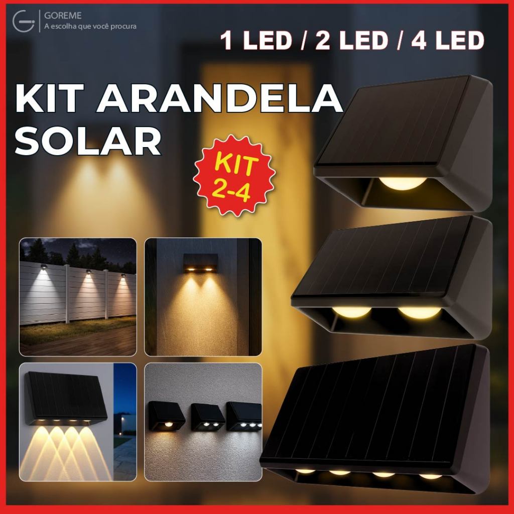 Arandela Solar 1 LED 2 LEDS 4 LEDS Luz Quente Placa Solar Embutidade A Prova Dágua em Oferta na Shopee