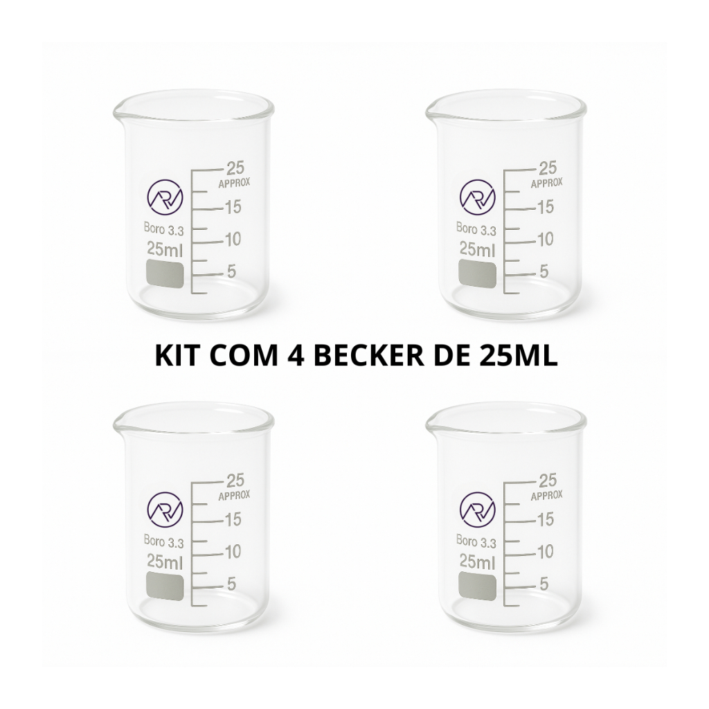 Kit 4 Becker Forma Baixa 25ml Vidro Borossilicato 3.3