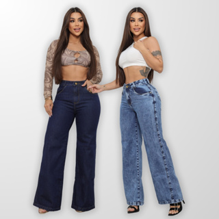 Kit 2 Calça Jeans Feminina Wide Leg Pantalona Cós Alto 100% Algodão em Oferta na Shopee
