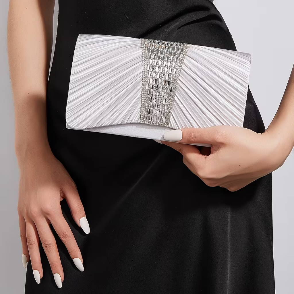 Bolsa Clutch Prateada com Plissas e Strass para Elegância de Noite Para Festas de Formatura e Casamento