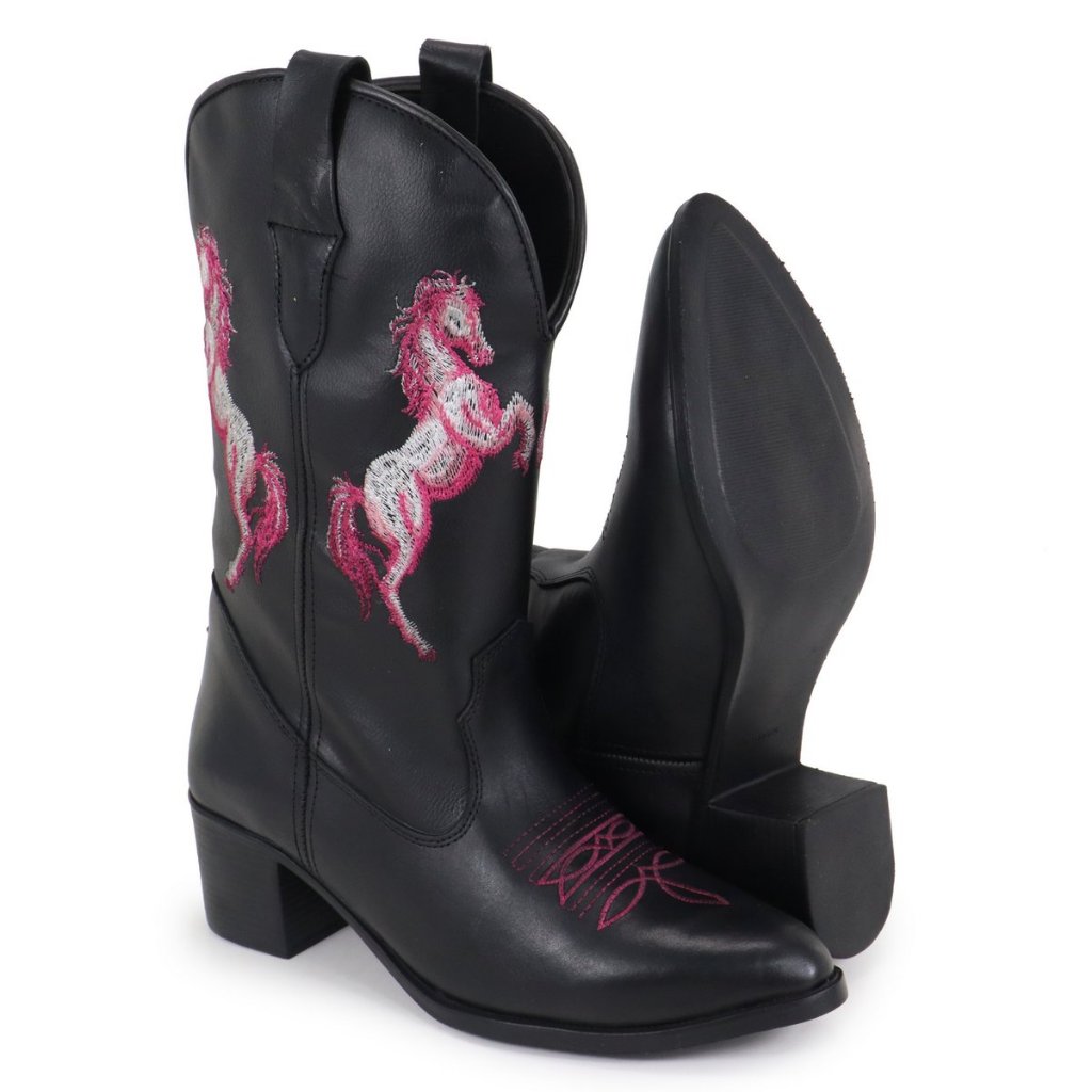 Bota Feminina Cano Alto em Couro com Bordado – Bico Fino, Salto 6cm, FootDry