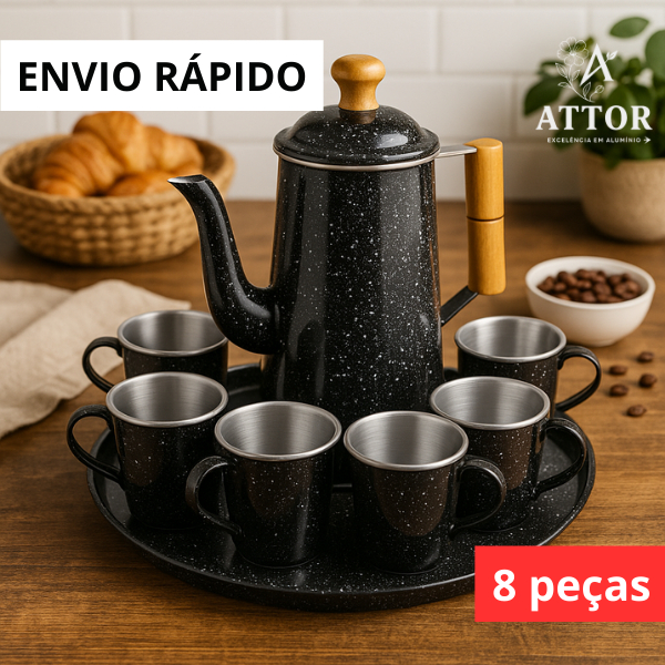 KIT CAFEZINHO 8 PEÇAS  1 BULE 1L COM 6 XICARAS 150ML E 1 BANDEJA  EM ALUMÍNIO COM CABO E PEGADOR DA TAMPA DE MADEIRA