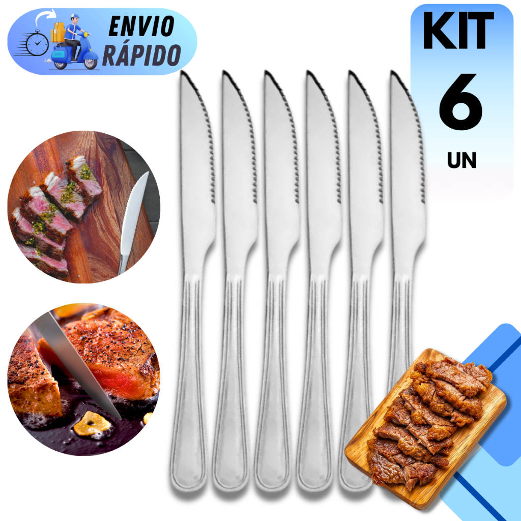 KIT 6 FACA DE MESA 100% AÇO INOX TALHERES COZINHA REFEIÇÃO CHURRASCO SERRA MULTIUSO em Oferta na Shopee