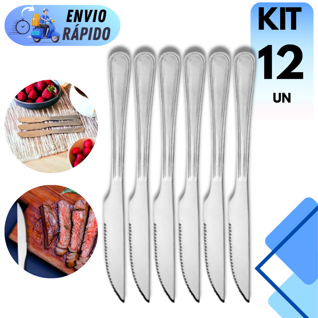 KIT 12 FACA DE SERRA EM AÇO INOX TALHER  REFEIÇÃO COZINHA CHURRASCO SERRA MULTIUSO