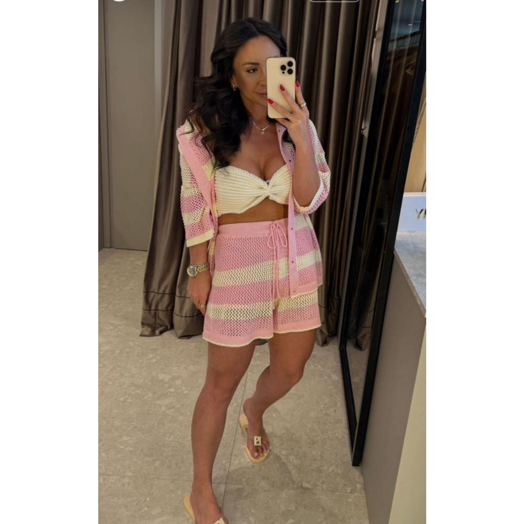 Conjunto Tricot Rendado "LISTRADO" Feminino Camisa Botões e Shorts Verão Moda Casual Chic/ Moda Praia. em Oferta na Shopee