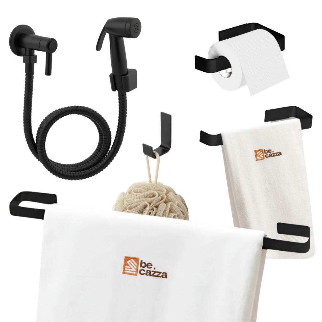 Kit Acessórios Para Banheiro Preto Fosco 4 Peças Quadrado Luxo + Ducha Higiênica