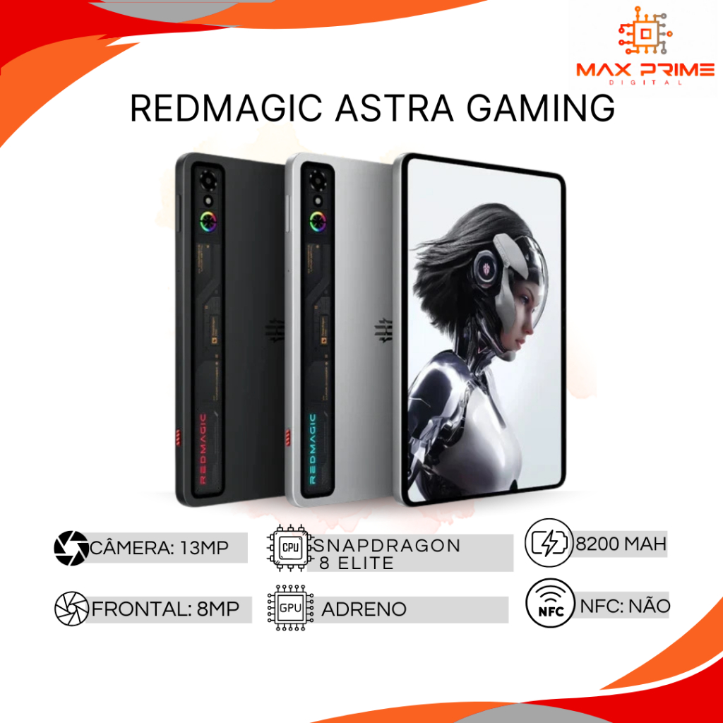 Tablet Redmagic Astra Gaming, Processador Snapdragon 8 Elite, Bateria 8200 mAh, Sistema de Resfriamento ICE-X