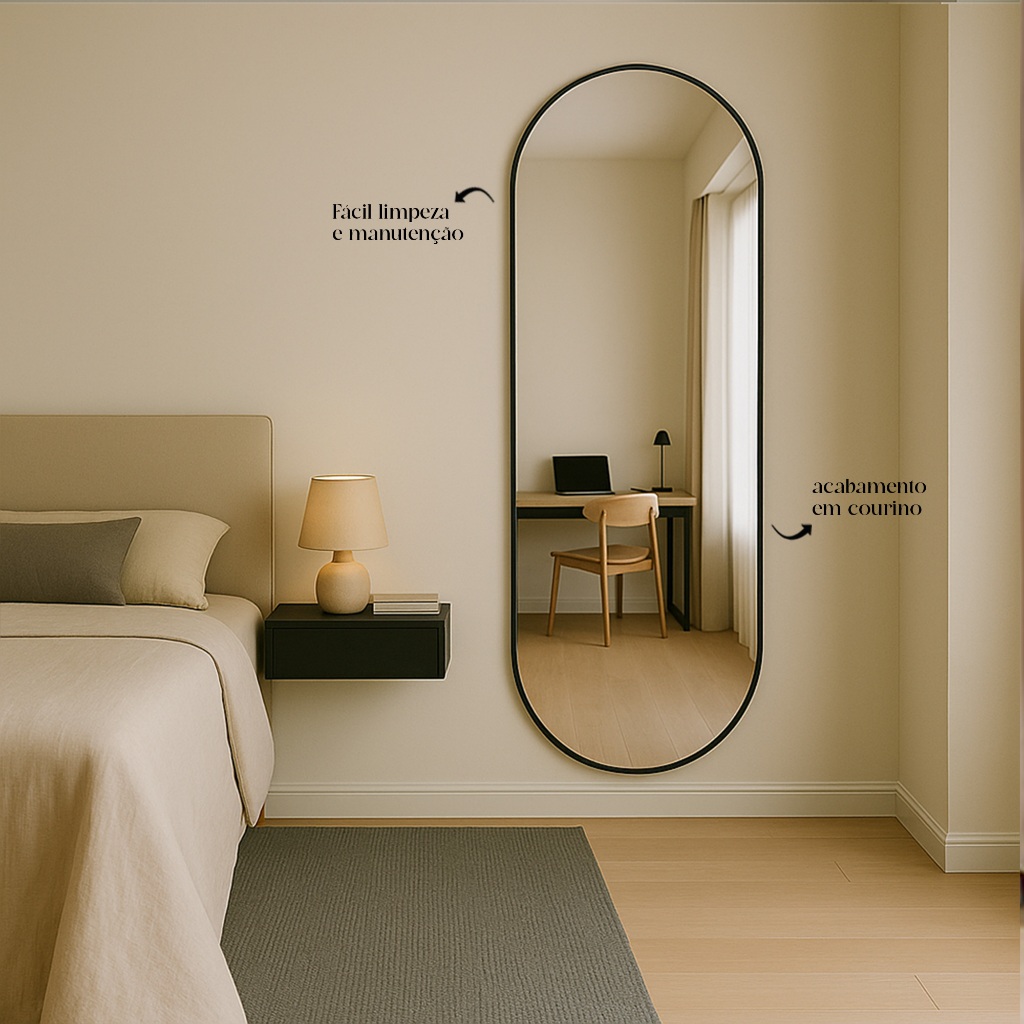 Espelho Decorativo Grande Capsula Corpo Inteiro Vertical e Horizontal 110x30 com Alça em Couro Ecológico