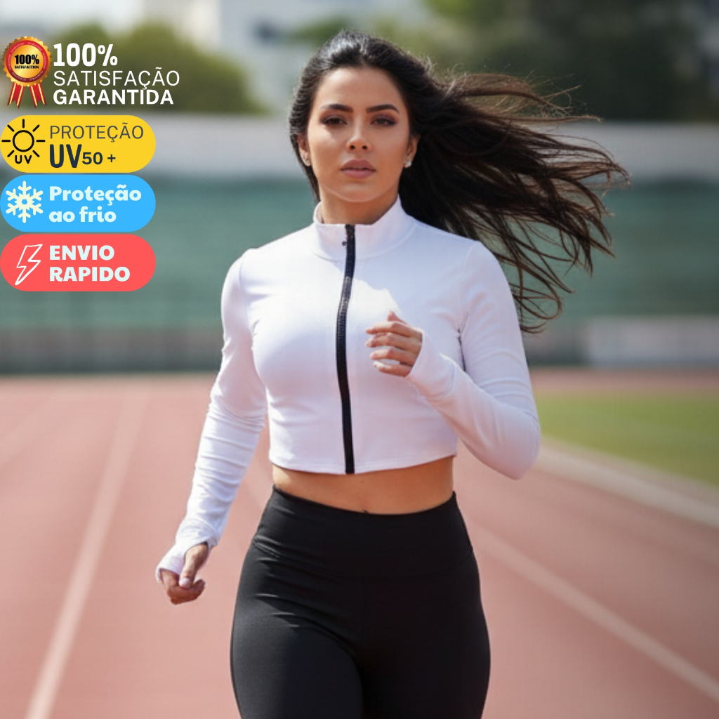 Casaquinho Blusa Cropped Fitness Feminina Manga Longa Zíper Proteção UV Esportivo Academia Corrida