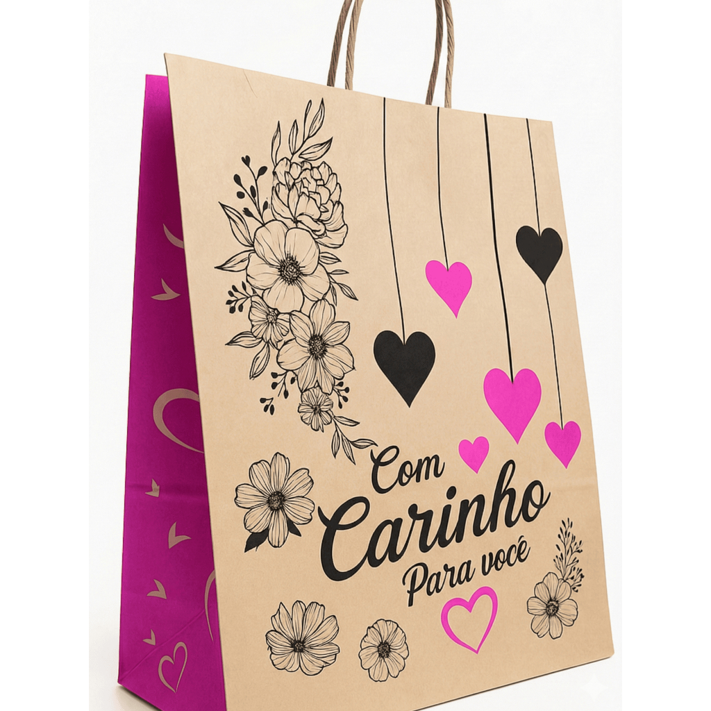 Sacola Kraft Média Personalizada "Com Carinho Para Você" - Preta e Pink - Alça Pink -  com Corações em Oferta na Shopee