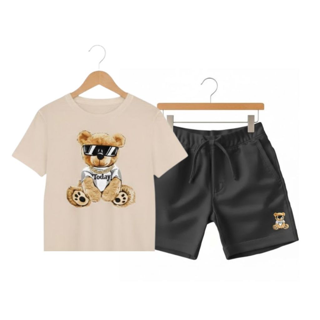 conjunto infantil masculino kit camiseta algodão e short de moletom estampado de urso