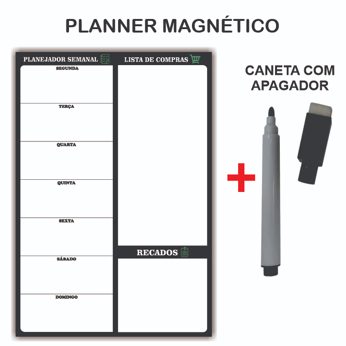 Imã de Geladeira Planner Semanal com Caneta Escreve e Apaga Magnético