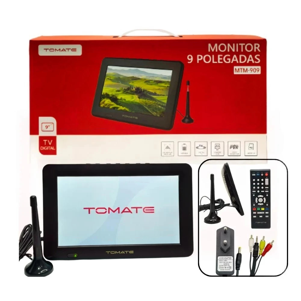 Monitor Tv Digital Portátil Recarregável 12 volts 9 polegadas Colorido bivolt 220/110V