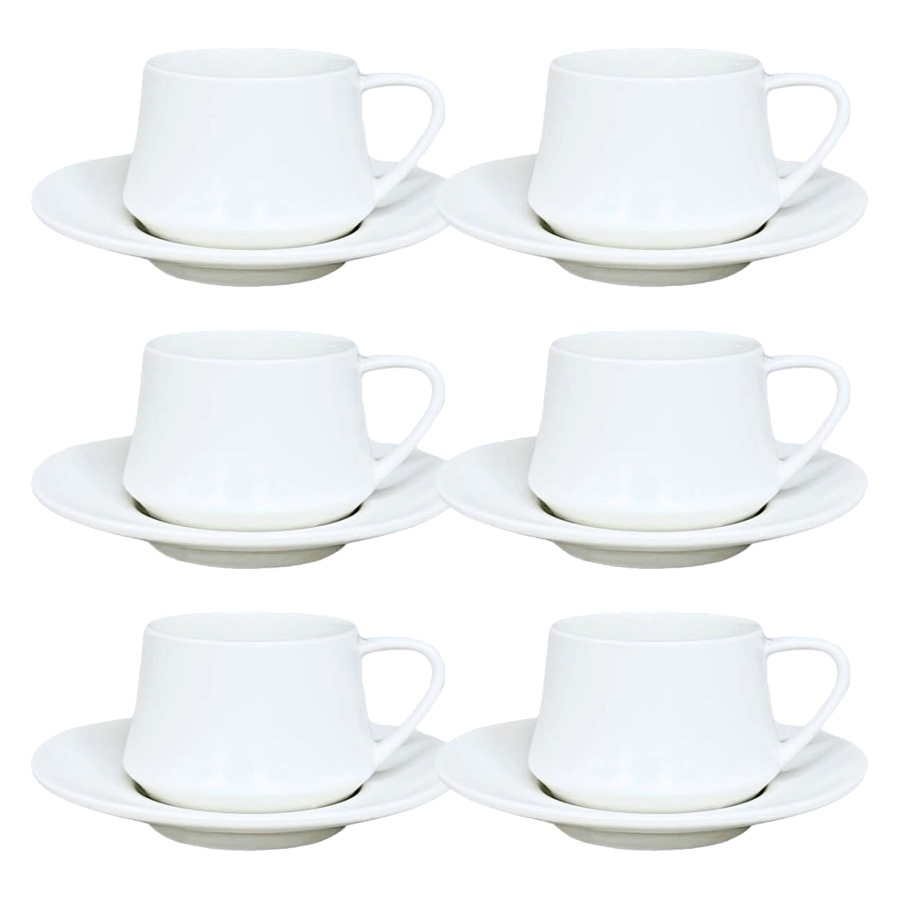 Jogo 6 Xícaras com Pires de Porcelana Branca 90ml - Xícara para Café Expresso e Cappuccino
