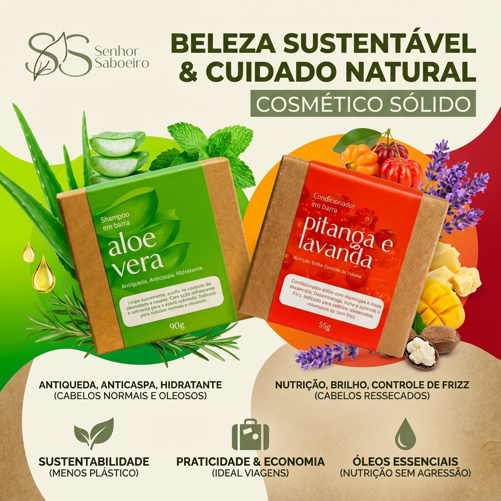 Kit Shampoo Sólido Aloe Vera e Condicionador Pitanga - Anti Queda Hidratação Intensa Cabelos Secos em Oferta na Shopee