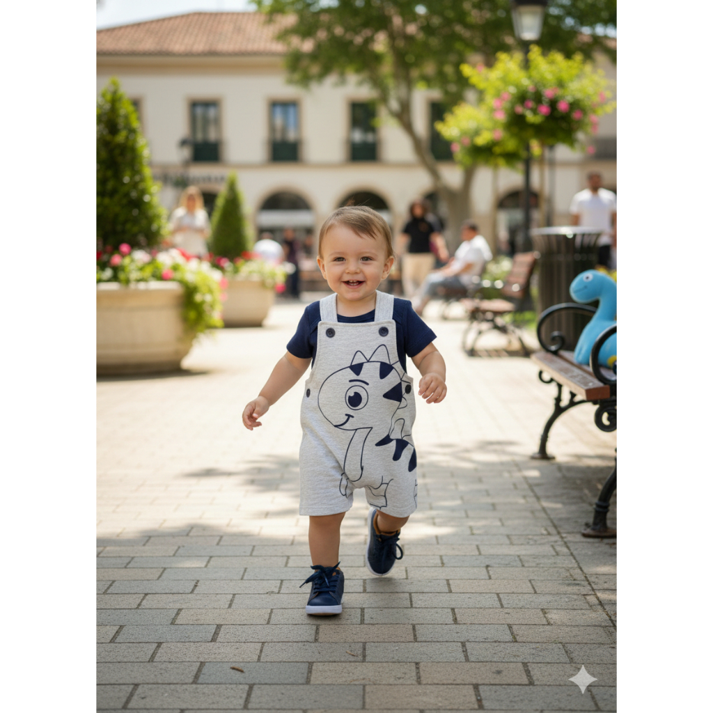 Conjunto Jardineira Bebê Menino Suedine Bebê Dinossauro