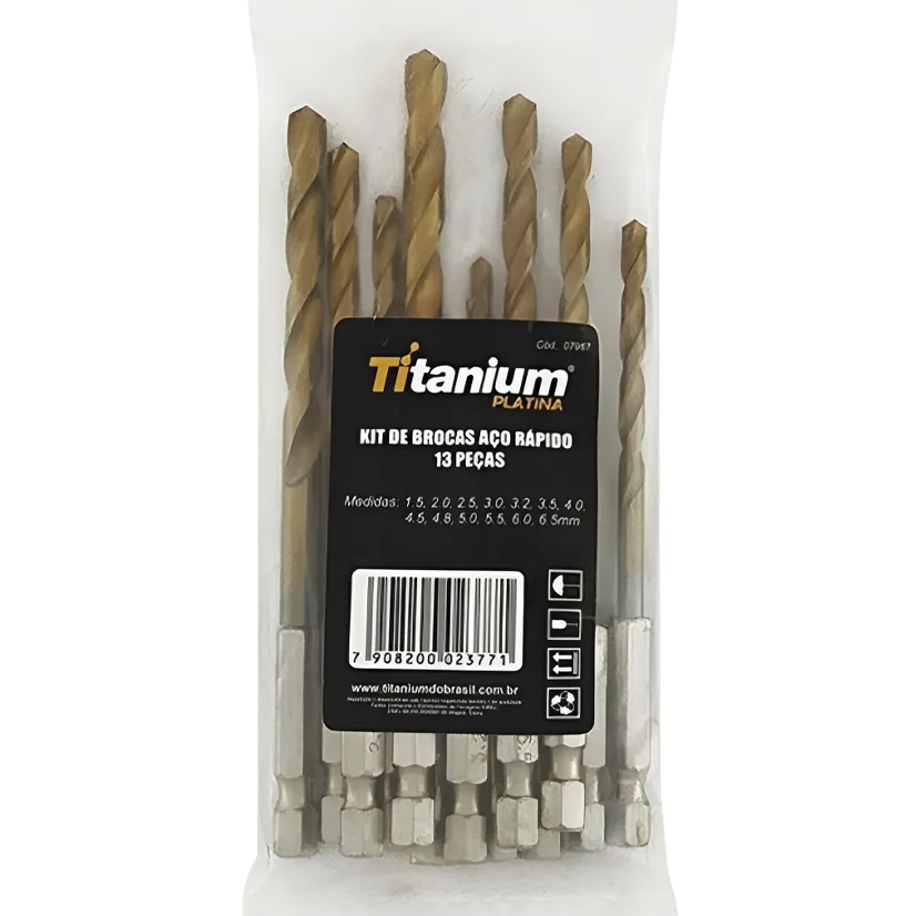 Kit 13 Brocas Aço Carbono Titanium Platina – Jogo 1 a 6,5mm