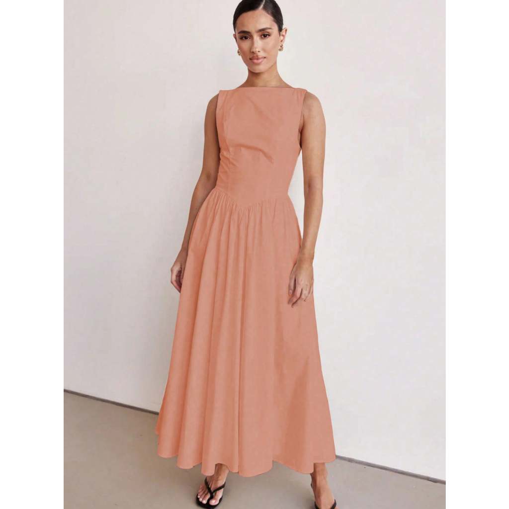 H978-Vestido feminino sem mangas com decote redondo, cintura alta, slim, costas nuas, zíper, sem bojo em Oferta na Shopee